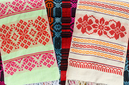 Belorussian towels with a classic geometric red ornamentの写真素材