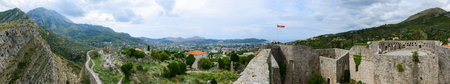 BAR, MONTENEGRO - SEPTEMBER 24, 2015: Panoramic views of the walls of the ancient fortress in the Old Bar and New Bar at the foot of the mountains, Montenegroのeditorial素材