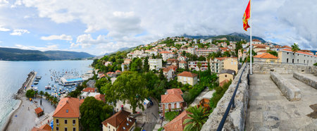 HERCEG NOVI, MONTENEGRO - SEPTEMBER 25, 2015: Panoramic view of Herceg Novi from the wall of Sea Fortress (Forte Mare), Montenegroのeditorial素材