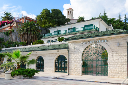HERCEG NOVI, MONTENEGRO - SEPTEMBER 25, 2015: Hotel Vila Swisslion on promenade of popular resort town of Herceg Novi, Montenegroのeditorial素材