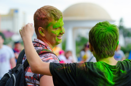 GOMEL, BELARUS - JULY 6, 2016: Young people are celebrating festival of colors (Holi Festival, or ColorFest) in Gomel, Belarusのeditorial素材
