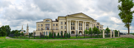 UGLICH, RUSSIA - JULY 19, 2016: View of hotel "Volzhskaya Riviera" and Church of Kazan Icon of Mother of God on cloudy day in old Russian town of Uglich, Golden Ring of Russiaのeditorial素材
