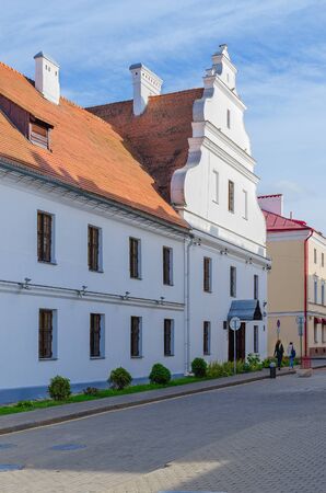 MINSK, BELARUS - OCTOBER 1, 2016: Unidentified people go on Engels Street near building of former basilian convent (now building is children's music school number10 named Glebov)のeditorial素材