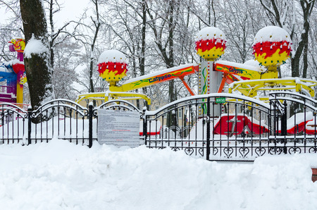 GOMEL, BELARUS - JANUARY 12, 2017: Snowy attraction "Calypso" in winter park during snowfall, Gomel, Belarusのeditorial素材