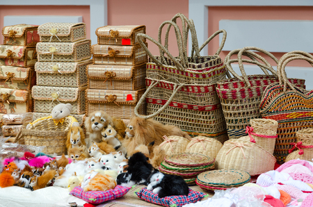Street trade on Slavonic Bazaar in Vitebsk. Wicker caskets, baskets, stuffed toysの写真素材
