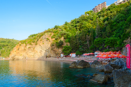 BUDVA, MONTENEGRO - SEPTEMBER 18, 2015: Morning view of Mogren beach in popular resort town of Budva, Montenegroのeditorial素材