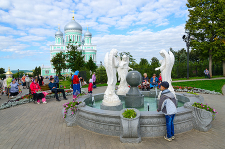 DIVEEVO, RUSSIA - AUGUST 22, 2015: Unknown pilgrims are on territory of famous Holy Trinity Seraphim-Diveevo Convent, Diveevo, Russiaのeditorial素材