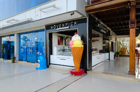 SHARM EL SHEIKH, EGYPT - MAY 9. 2018: Confectionery (ice cream parlor) Movenpick in popular shopping and entertainment area Soho Square, Sharm El Sheikh, Egyptのeditorial素材