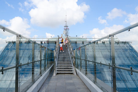 MINSK, BELARUS - AUGUST 17, 2018: Unknown people are on observation deck of 23rd floor of National...