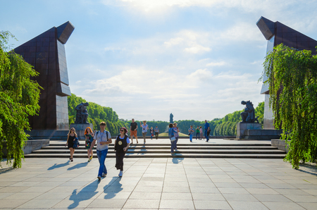 BERLIN, GERMANY - SEPTEMBER 5, 2018: Unknown tourists visit Soviet military memorial in famous Treptow Park, Berlin, Germanyのeditorial素材