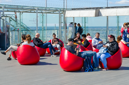 PARIS, FRANCE - SEPTEMBER 7, 2018: Unknown tourists rest on observation deck of Montparnasse Tower, Paris, Franceのeditorial素材
