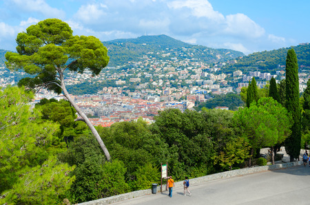 NICE, FRANCE - SEPTEMBER 15, 2018: Scenic view from Castle Hill to Nice, Cote d'Azur, France. Unknown tourists climb to observation deckのeditorial素材