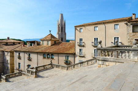 Picturesque view of Cathedral Square in historic center of Girona, Spain. Staircase leading to Cathedral of Gironaのeditorial素材
