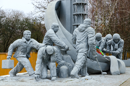 CHERNOBYL, UKRAINE - NOVEMBER 11, 2018: Monument to firefighters who participated in liquidation of consequences of accident at Chernobyl nuclear power plant ("Those who saved world")のeditorial素材
