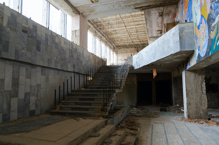 PRIPYAT, UKRAINE - NOVEMBER 11, 2018: Ruin in foyer of Energetik Palace of Culture, dead abandoned ghost town of Pripyat in Chernobyl nuclear power plant alienation zone, Ukraineのeditorial素材