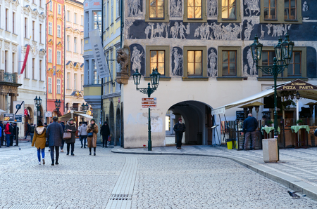 PRAGUE, CZECH REPUBLIC - JANUARY 21, 2019: Unidentified tourists walk in historic center of city (Stare Mesto), Prague, Czech Republicのeditorial素材
