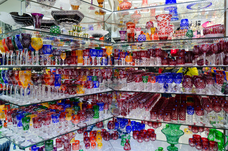 PRAGUE, CZECH REPUBLIC - JANUARY 21, 2019: Famous Czech glass on shelves in gift shop in Prague, Czech Republicのeditorial素材