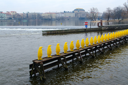 PRAGUE, CZECH REPUBLIC - JANUARY 22, 2019: Sculpture "March of penguins through Vltava" on Kampa Island, Prague, Czech Republicのeditorial素材