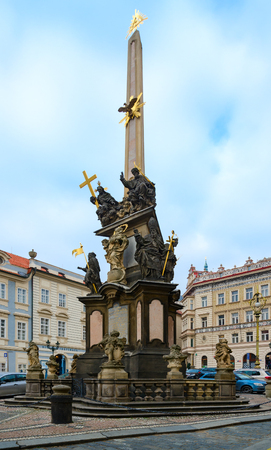 PRAGUE, CZECH REPUBLIC - JANUARY 22, 2019: Plague pillar, or Mariana Column (Holy Trinity Column) on Malostranskaya Square in Prague, Czech Republicのeditorial素材