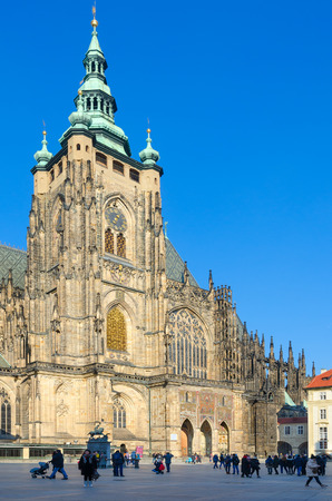 PRAGUE, CZECH REPUBLIC - JANUARY 21, 2019: Unidentified tourists are at South Tower of famous St. Vitus Cathedral in Prague Castleのeditorial素材