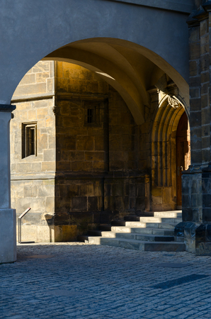 Ancient stone walls of Prague Castle, sunny January day, Prague, Czech Republicのeditorial素材