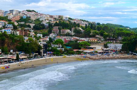 ULCINJ, MONTENEGRO - SEPTEMBER 9, 2017: Beautiful top view of embankment of popular resort town of Ulcinj, Montenegroのeditorial素材