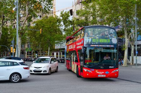 BARCELONA, SPAIN - SEPTEMBER 13, 2018: Double-decker excursion bus on street of Barcelona, Spainのeditorial素材