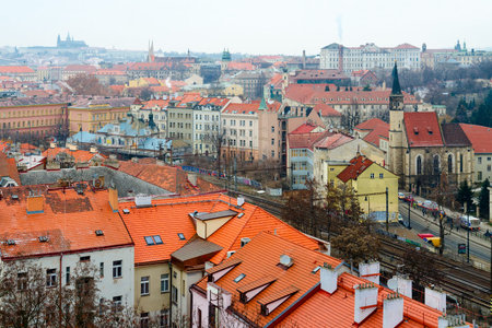 PRAGUE, CZECH REPUBLIC - JANUARY 25, 2019: View from observation deck of Vyshegrad on Prague, Czech Republicのeditorial素材