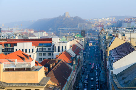 PRAGUE, CZECH REPUBLIC - JANUARY 23, 2019: View from Powder Tower on Vitkovskaya mountain, National...