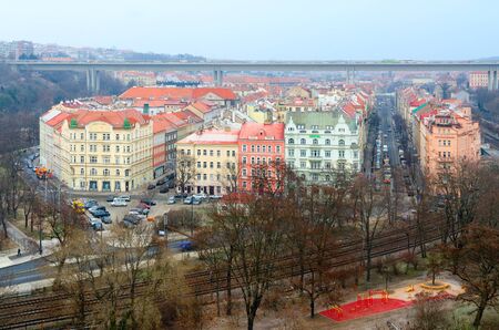 PRAGUE, CZECH REPUBLIC - JANUARY 25, 2019: View from observation deck of Vysehrad to Prague (Nuselsky Bridge, or bridge of suicides), Czech Republicのeditorial素材