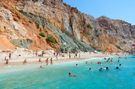 SULUADA ISLAND, TURKEY - SEPTEMBER 22, 2022: Unidentified people relax on beach on small island of Suluada. Excursion "Turkish Maldives" during holiday in Turkeyのeditorial素材