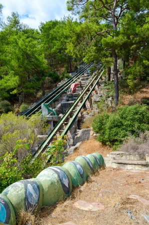 CAMYUVA, TURKEY - SEPTEMBER 23, 2022: Funicular in territory of abandoned five-star hotel (formerly Holiday Area Eco Dream Club Sea Resort by Naturland hotel chain), Camyuva, Turkeyのeditorial素材