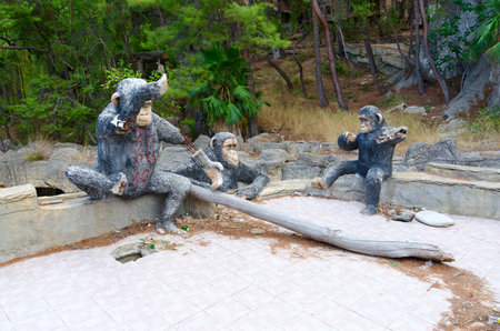 CAMYUVA, TURKEY - SEPTEMBER 23, 2022: Figures of three monkeys on territory of abandoned five-star hotel (formerly Holiday Area Eco Dream Club Sea Resort by Naturland hotel chain), Camyuva, Turkeyのeditorial素材