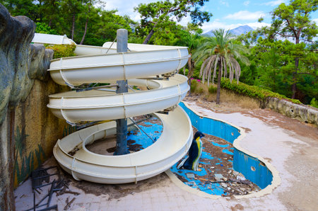CAMYUVA, TURKEY - SEPTEMBER 23, 2022: Aquapark on territory of abandoned five-star hotel (formerly Holiday Area Eco Dream Club Sea Resort by Naturland hotel chain), Camyuva, Turkeyのeditorial素材