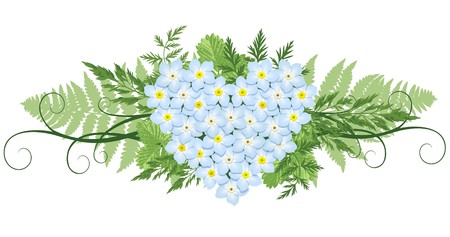 design element with heart shape made from forget-me-nots and leafs のイラスト素材