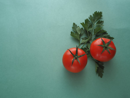 Ripe vegetables. Red tomato close-up. Two tomatoes.の写真素材