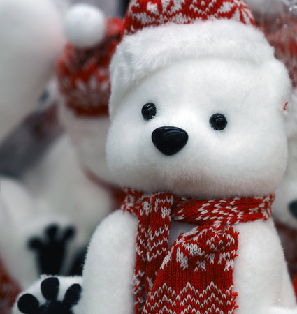 New years white Teddy bear in a red cap.の写真素材