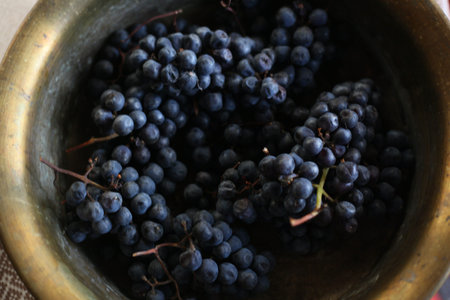 The grapes are blue ripe in a bucket, a view from above.