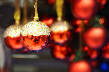 Christmas or new year background. Bokeh background of colored Christmas balls.の写真素材