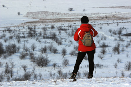 Winter. A girl in bright clothes looks at a snow-covered field. High quality photoの写真素材