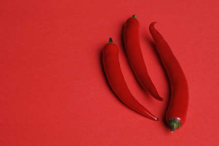 Vegetables and food. Red pepper chili spicy isolated on a red background. High quality photoの写真素材