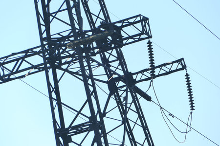 Power line. High construction with wires for power transmission. . High quality photo