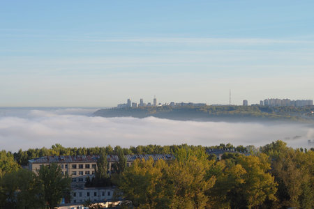 Fog over the city of utor. Autumn morning fog. High quality photo