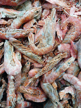 Frozen shrimp on the counter in the store. Semi-processed seafood and crustaceans. Seafood appetizer. High quality photoの写真素材