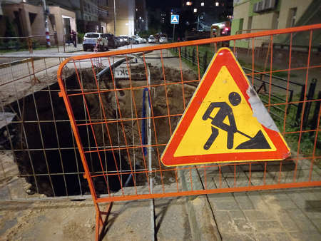 Warning sign Attention road works. High quality photoの写真素材
