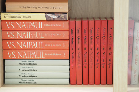 Books on the shelf. Home library. High quality photo