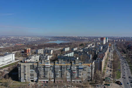 Nizhny Novgorod, Russia, Prioksky district, Prospekt Gagagrina, 04.27.2022. Panorama of the city, top view of the residential area of the city, the temple and the avenue. high quality photoのeditorial素材