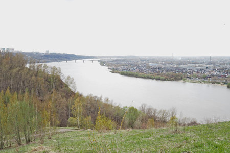 Natural landscape, City by the river. View of the Oka River, Nizhny Novgorod. barge on the river. high quality photoの写真素材