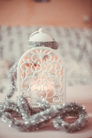 BEAUTIFUL WHITE CHRISTMAS LANTERN With Christmas Decorationsの写真素材