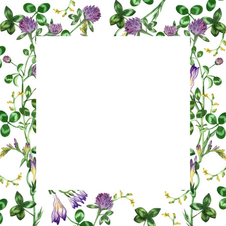 A square frame on a white background painted by hand in watercolor. Clover, clover leaves. Suitable for graphic design, wedding invitations, postcards.の写真素材